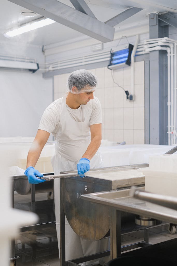 Man in a protective suit managing machinery in a dairy processing facility.